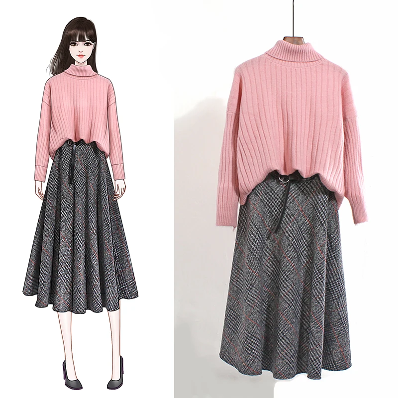 

YOSO Female Two-Piece Winter Spell Color Mesh Outer Wear High-Necked Red Sweater On a Large Woolen Plaid Skirt Suit With Belt