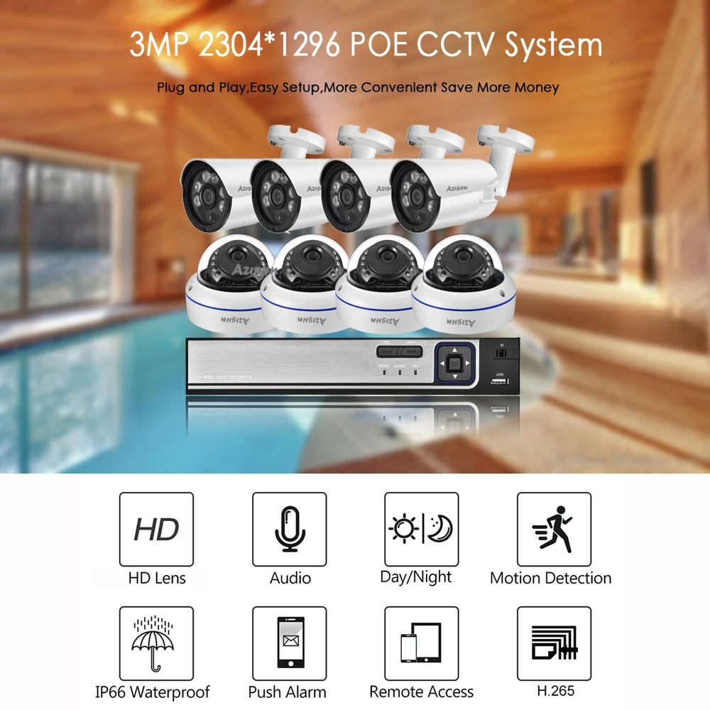 AZISHN H.265+ 8CH 3MP HDMI POE NVR Kit CCTV System 3MP Metal Indoor Outdoor Audio Dome IP Camera Video Security Surveillance Set
