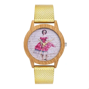 

Luxury Ladies Quartz Watch Rose Gold Silicone Strap Cute Girl Pattern Imitation Wood Alloy Dial Watches For Women Gift Men Clock