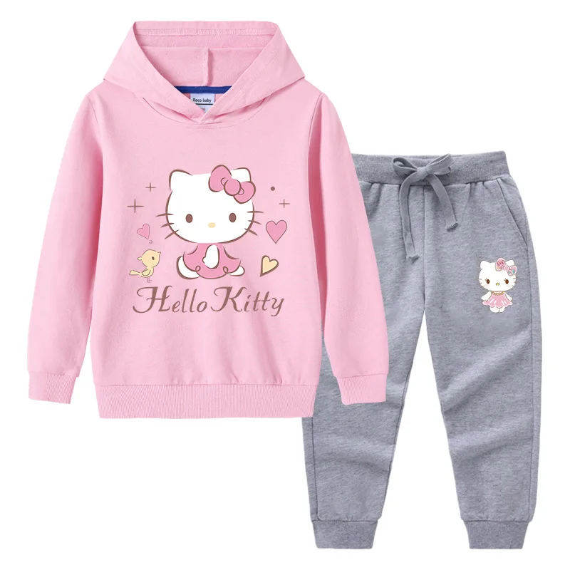thumbnail image 1 of Hello Kitty-suéter con capucha y cuello alto para niños, pantalones de dos piezas con dibujos animados para niño, traje deportivo informal de manga larga de algodón puro, 1 of 5