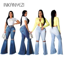 Модные джинсовые расклешенные брюки женские Ретро рваные джинсы Широкие брюки леди случайный звонок-низ расклешенные брюки женские-85