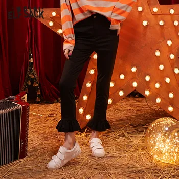 

ELFSACK Black Solid Frill Hem Casual Pencil Pants Women 2020 Winter New Natural waist Skinny Office Ladies Daily Basics Trousers