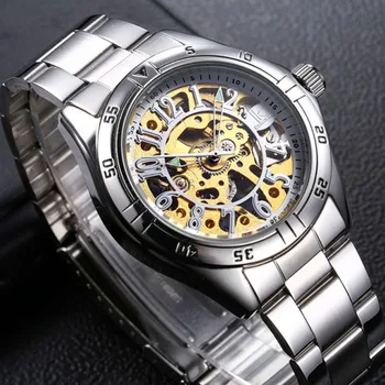 

relogio masculino IK colouring Gold Skeleton Mechanical Hand Wind Watches Men Luxury Brand Business Silver Steel Band Watch