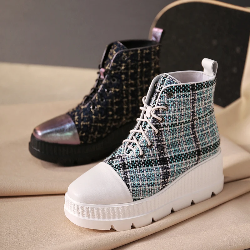 Women's genuine leather fabric patchwork lace-up platform flats ankle boots leisure punk short martin boots high quality shoes