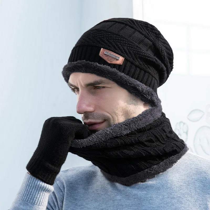 Unisex Beanies Hat Ring Scarf Gloves Set Winter Knitted Thick Warm  Women Men Solid Retro Beanie Hat Soft Touch Screen Gloves