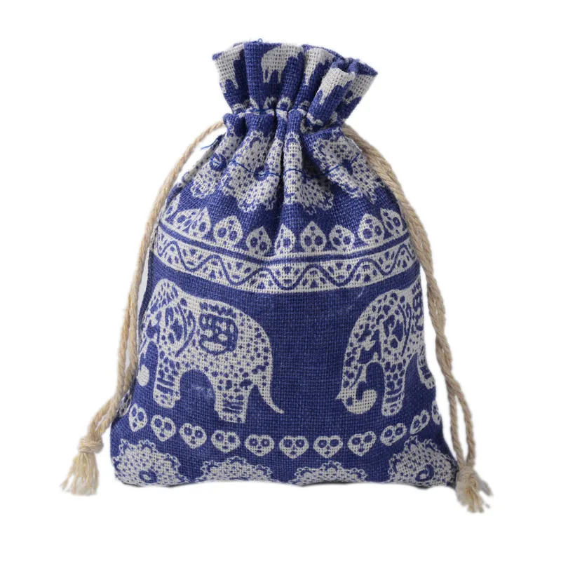 

White Elephant Pattern Jewelry Gift With Drawstring Linen Cotton Bags 10x14cm Small Blue Wedding Pouches Gift Packaging 50pcs