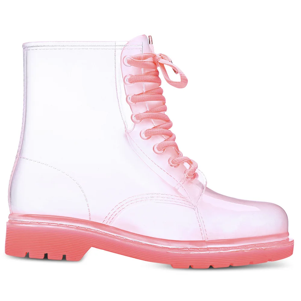 Aleafalling Women Rain Boots Mature Lady Lace Up Waterproof Lady Shoes Transparent Candy Color Ankle Outdoor Girl's Shoes