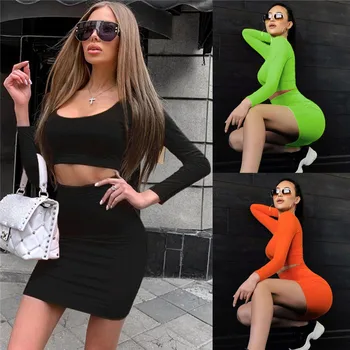 

2019 Fashion Women Bodycon Long Sleeves Club Evening Party Short Mini Dress 2pcs Lady Club Party Mini Dress Set