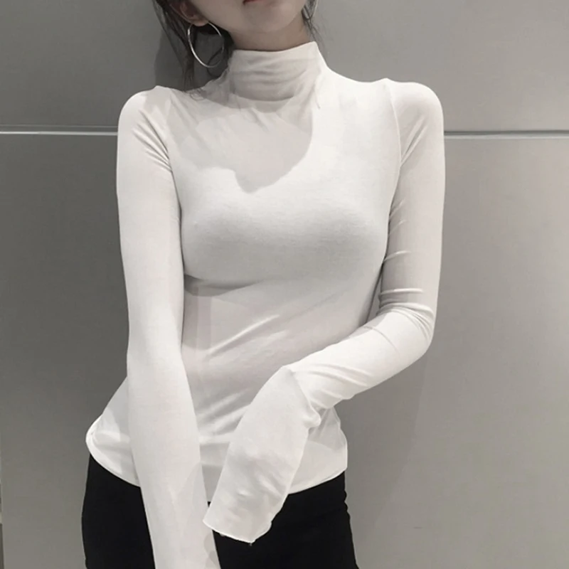 Harajuku-Camiseta de manga larga para mujer, camisas ajustadas de cuello alto, blusa de cuello vuelto negra para novias, Top básico para otoño