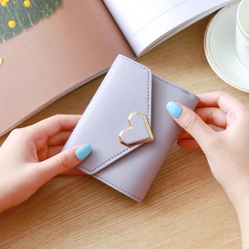

New Cute PU Leather Purse Heart-shaped Decoration Short Multi-card Wallet Purse Buckle Clutch Mobile Student Women's Wallet