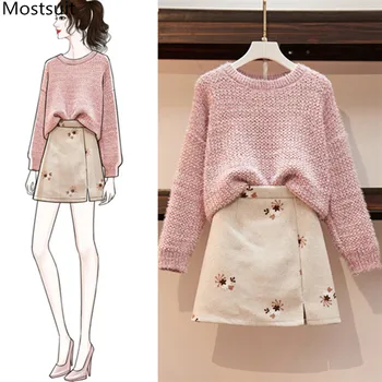 

Womens Elegant Fashion Autumn Winter Two Piece Sets Long Sleeve Pullover Sweater Knit Tops And Mini Woolen Skirt Set Suit 2019
