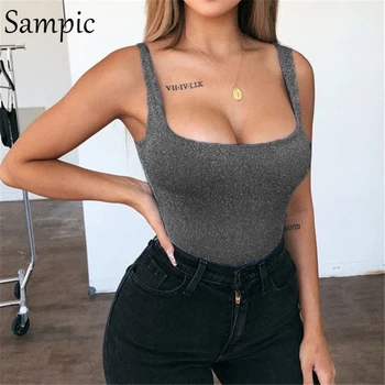 

Sampic Women Casual Party Club Strap Backless Glitter Shiny Party Bodysuit Short Bodycon Rompers Reflective Skinny Bodysuit Tops