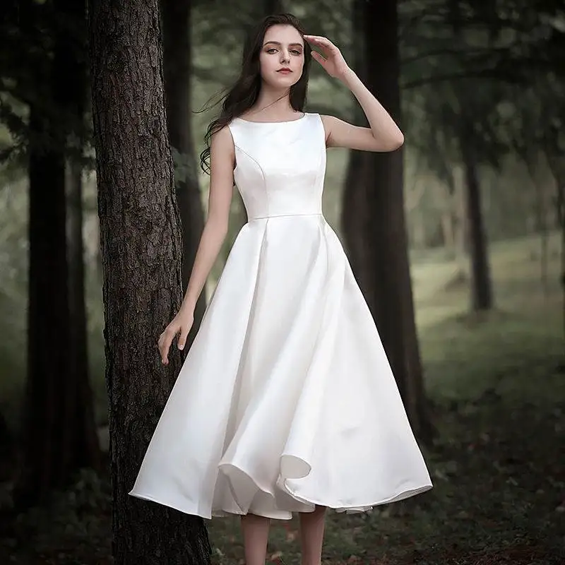 

2022 Women White Satin Evening Dresses O-Neck Sleeveless Bridal Wedding Party Dress Graduation Gowns Sweet Memory Vintage Gown