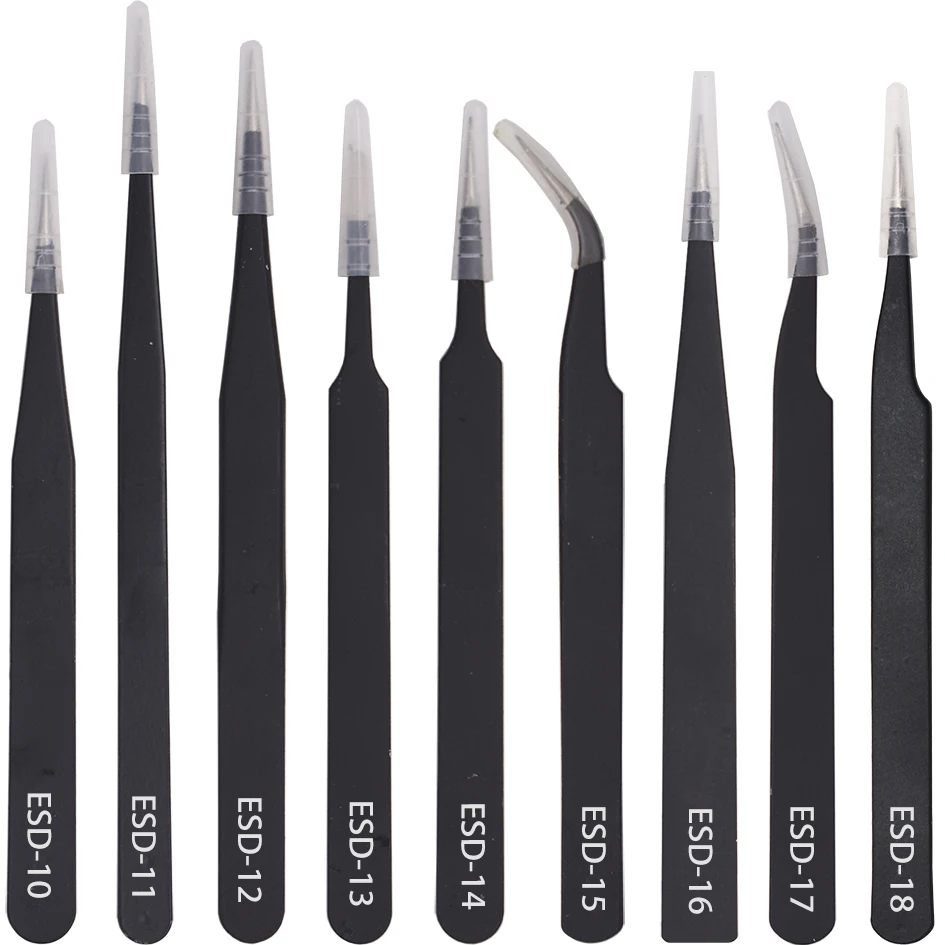 120pcs Yellow Package Black Tweezers HRC40 Antistatic Stainless Steel Nipper ESD-10 11 12 13 14 15 16 17 18 for Repairing