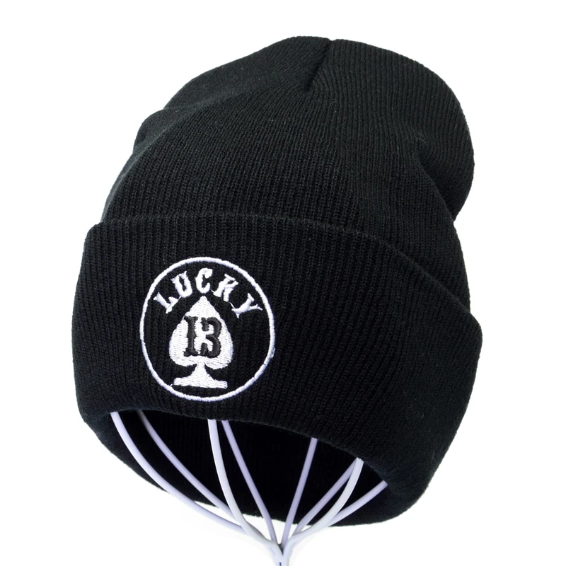 Lucky number 13 вязанная шапка с вышивкой зимние шапки для женщин Skullies теплая зимняя унисекс круглая Лыжная Шапка в стиле хип-хоп - Color: Black