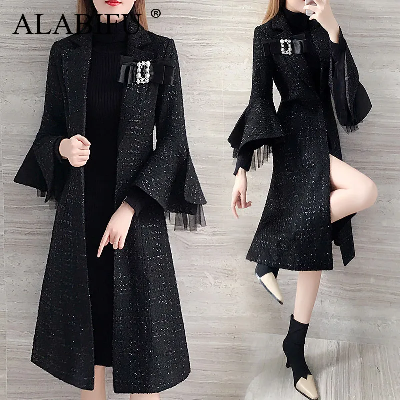 Женское пальто ALABIFU, зима-осень,, элегантное, кружевное, с расклешенными рукавами, Длинные куртки, для женщин, для работы, офиса, Блейзер, верхняя одежда, Корейская одежда