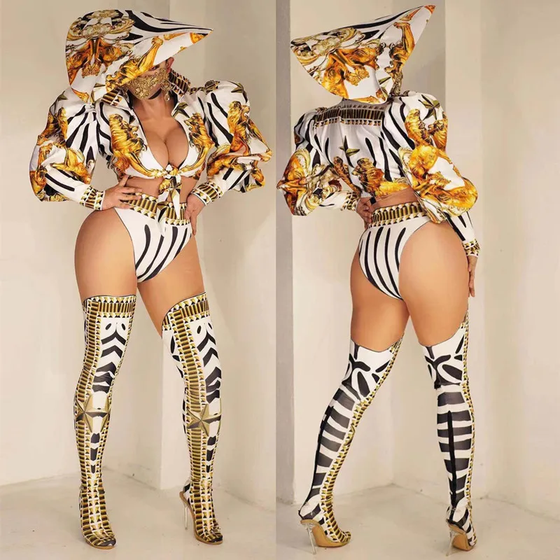 

Nightclub Bar DJ Singer Puff Sleeve Tops Shorts Hat Leg Cover Stage Outfit Women Modern Jazz Dance Team Sexy Performance Costume
