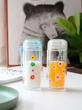 

Cartoon Flower Anti-ironing Glass Simple Double Transparent Borosilicate Water Bottle with Rope 280ml Outdoor Portable Juice Cup