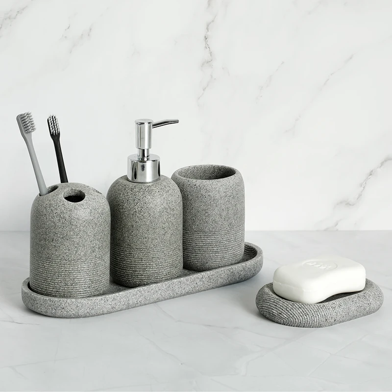 4/5/6 Pieces Bathroom Accessory Set Resin Soap Dispenser Rock Bathroom Set Toothbrush Holder Tumbler Tray Soap Dish Decoratio