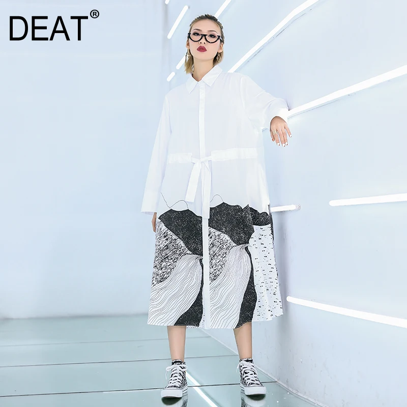 

[DEAT] 2019 New Spring Summer Turn-down Collar Long Sleeve Printed Pattern Bandage Personality Dress Women Fashion Tide JY41