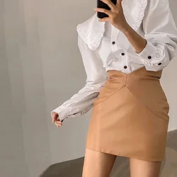 Mini saia de couro ecológico, saia de cintura alta falsa da moda para mulheres, primavera sutumn, zíper sexy, saia branca