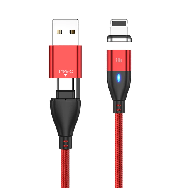 AUFU 6 in 1 60W PD Fast Charger Cable USB C To Type C Micro Magnetic Data Cables for iPhone Charging Wire for Macbook laptop for iPhone Red