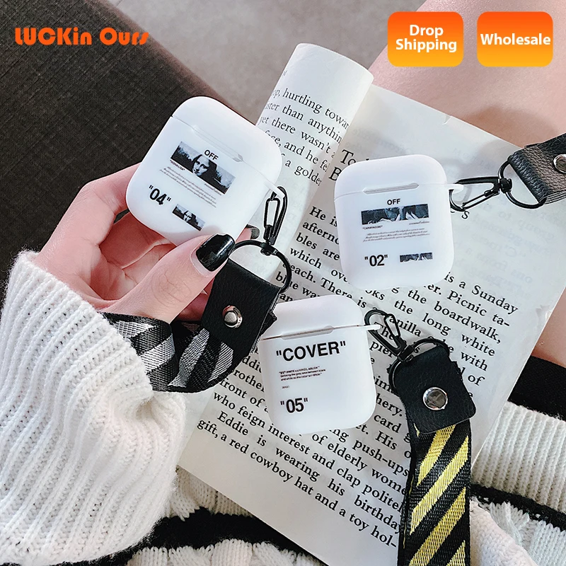 

Hot Off oil painting Soft Silicone Case For apple Airpods 1 2 stripe Lanyard white Wireless Bluetooth headset Earphone cover