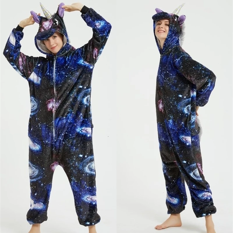 Navy Blue Фиолетовый горох Единорог кигуруми комбинезон для взрослых женщин животных пижамы фланелевые костюмы пижамы цельный зимний комбинезон Пижама для косплея - Цвет: Navy Blue