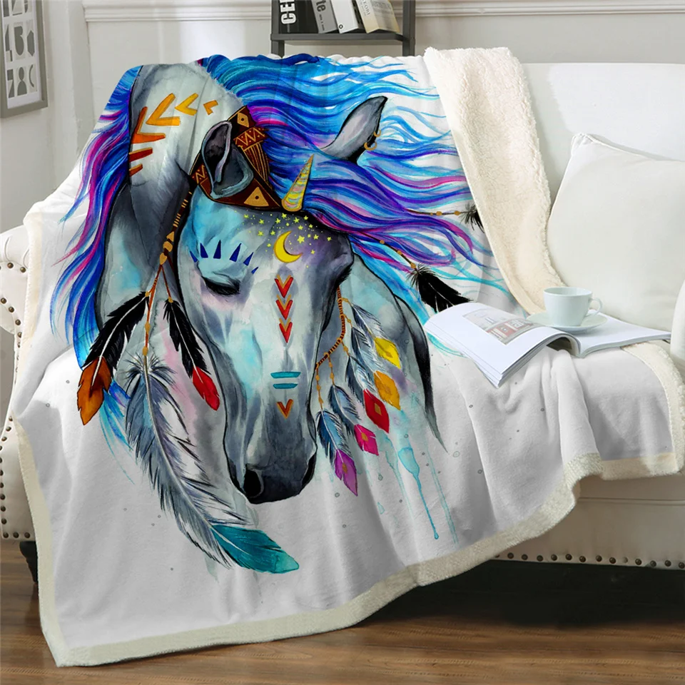 Pferd by Pixie Cold Art Microfiber Blanket for Bed Tribal Horse Throw Blanket Colorful Animal Bedding Watercolor Boho Thin Quilt