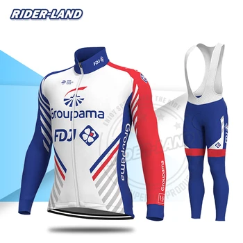 

FDJ Pro Team Cycling Jersey Set Men Long Sleeve Bike Clothes Racing Uniform Spring Autumn Riding Bib Pants Breathable Quick Dry