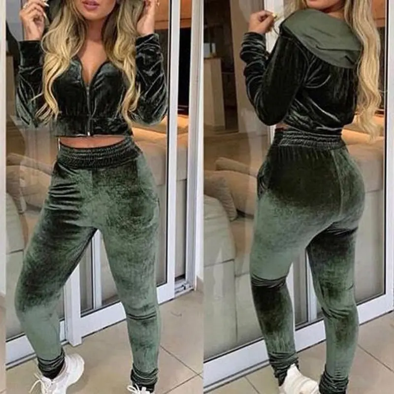 

2019 Women's Velvet Fabric Tracksuit Long Sleeve Hoodies Coat Sports Suits Sport Leggings Women Track Suit Yoga Sets Running Set