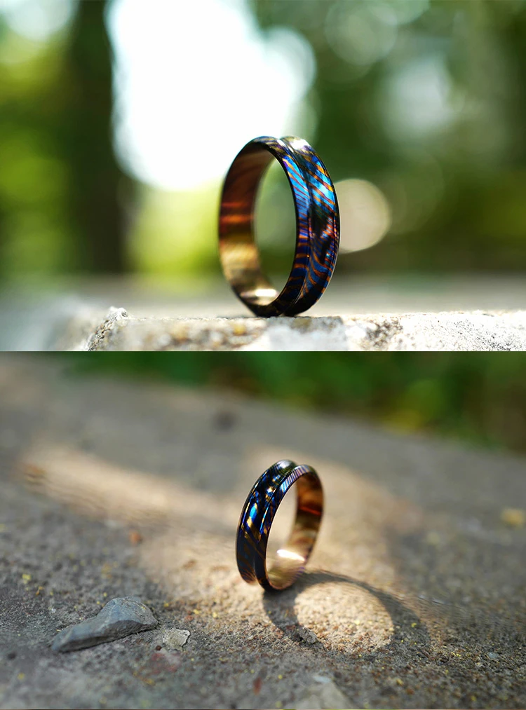 Титановое дамасское кольцо, металлическое изысканное синее титановое дамасское износостойкое кольцо с защитой от коррозии, подарок