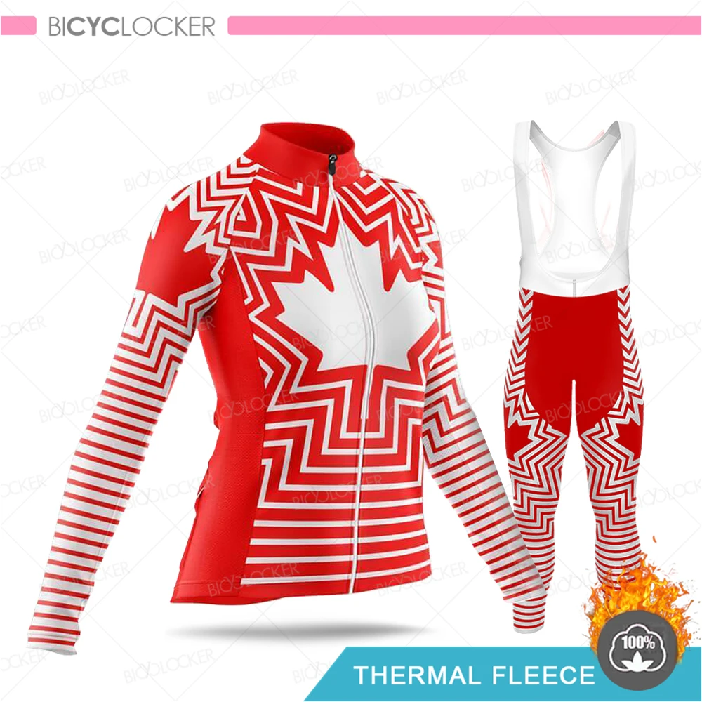 

Maple Leaf Women Winter Cycling Clothing Thermal Fleece Canadian Jersey Set Female Road Bike Uniform Maillot Ropa Ciclismo Mujer