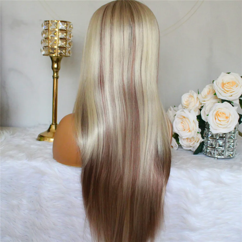 Synthetic Lace Wigs Straight Hair Brown and Blonde Mixed Colored Highlight Wigs for Women 2x4'' Middle Part Lace Wigs