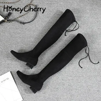 

Long Tube Low Heel Round Head Boots 2019 New Over The Knee Boots Women Winter Ankle Boots For Women size 4.5-8.5