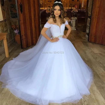 

Romantic White Tulle Wedding Dresses Sweetheart Off the Shoulder A Line Bridal Gowns with Beaded Sash Cap Sleeves Corset Back