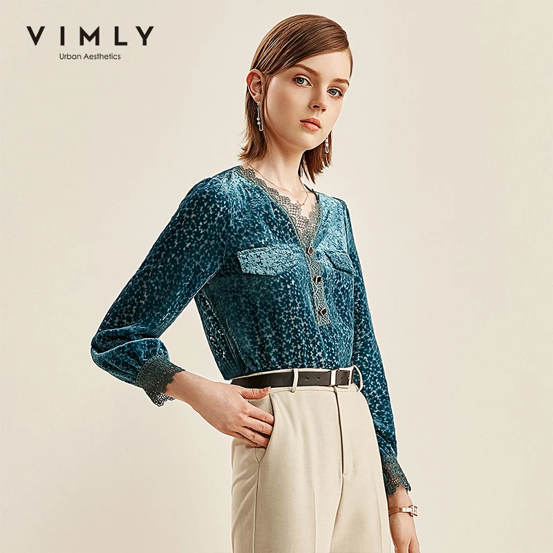 Блузка Vimly женская с V-образным вырезом модная однотонная офисная рубашка длинным