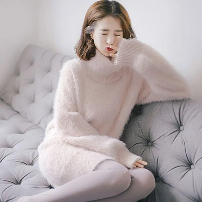 75cm length pink Женские зимние вязаные платья европейский длинный рукав водолазка Повседневный тонкий теплый макси свитер платье размера плюс женская одежда L-66 - Цвет: 75cm length pink