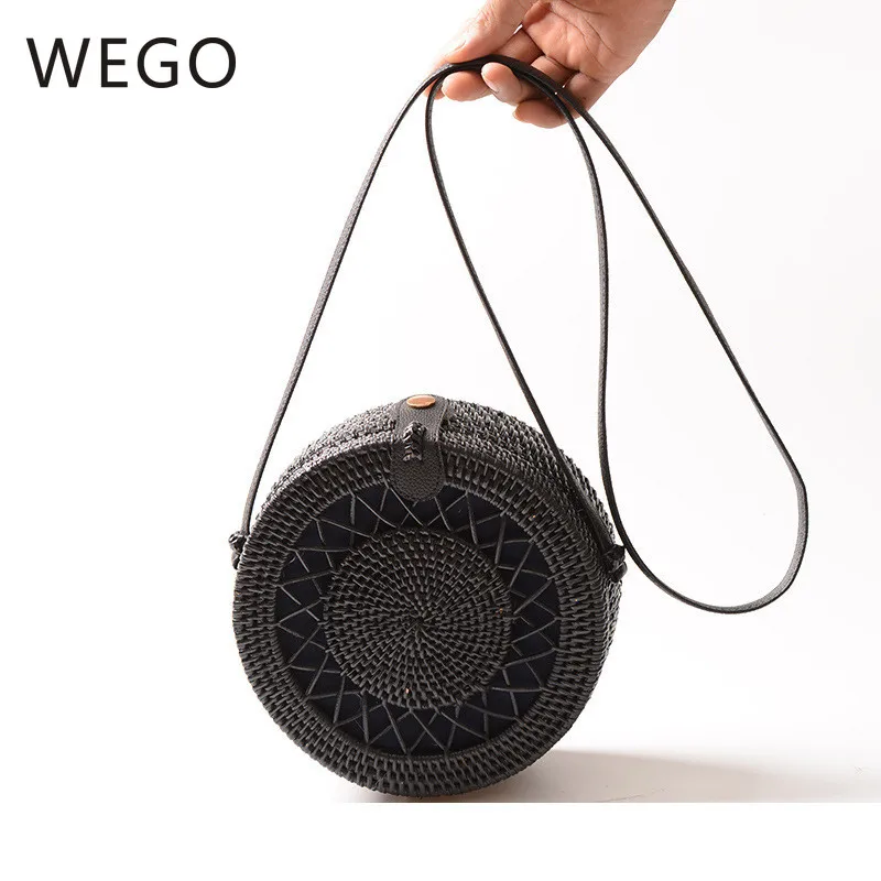 

New Vietnamese handmade rattan ins handmade black rattan 20 * 8cm PU leather buckle round bag