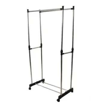 

Dual-bar Vertically-stretching Stand Clothes Rack with Shoe Shelf