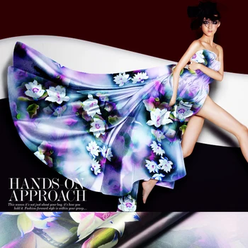 

PRINTED SILK STRETCH SATIN 118cm width 19momme Pure Silk Fabric New Purple Color Spain Flower Pattern