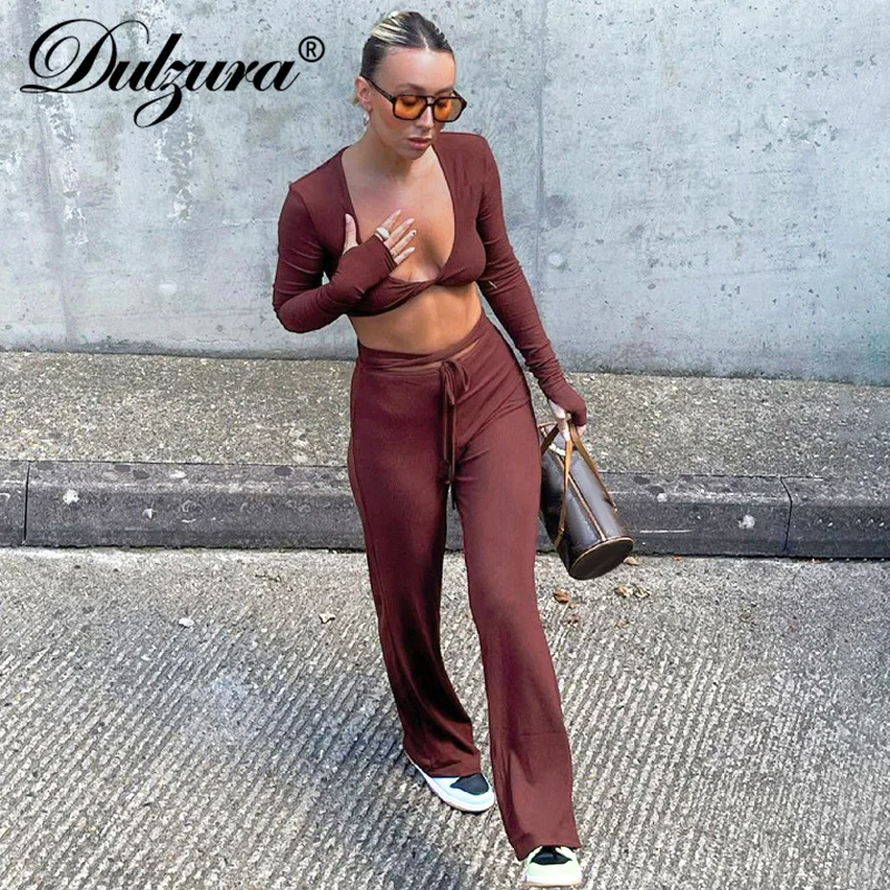 V Neck Crop Top Lace Up Flare Pants Set 