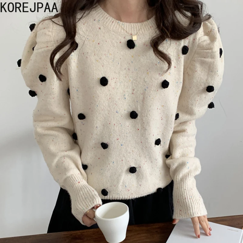 Korejpaa Chic 3D Dot Woman Sweaters Autumn Winter 2021 New Korean Puff Sleeve O-neck Pullover Knitwear Pull Femme Casual | Женская