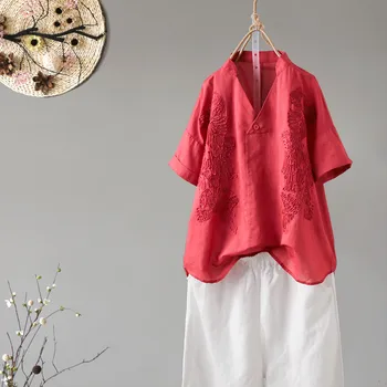 

solid embroidery v-neck women blouse 2020 summer new cotton linen short-sleeved loose A-line lady elegant pulls tops tees