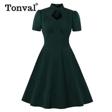 Tonval твист стоячий воротник с вырезами спереди вечерние платья с высокой талией и рюшами винтажное Стильное женское платье с карманами с боковыми зелеными оборками
