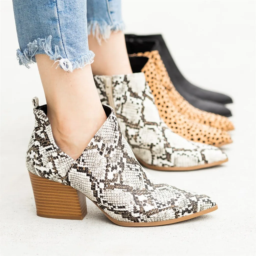 

Women's booties fashion leopard print and zipper thick pointed casual boots warm winter women's shoes