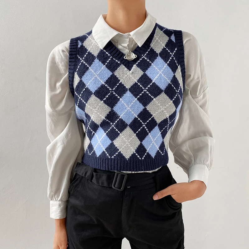 2020 corea del estilo de cuello en V geométrico Vintage Argyle corta jerseys de chaleco Tops Chaleco de suéter de Otoño de las mujeres Sexy Chaleco de punto