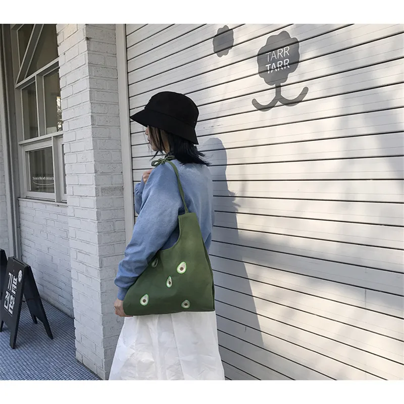 Модная простая хлопковая зеленая сумка, свежая вышитая сумка через плечо с авокадо, многоразовая сумка для покупок
