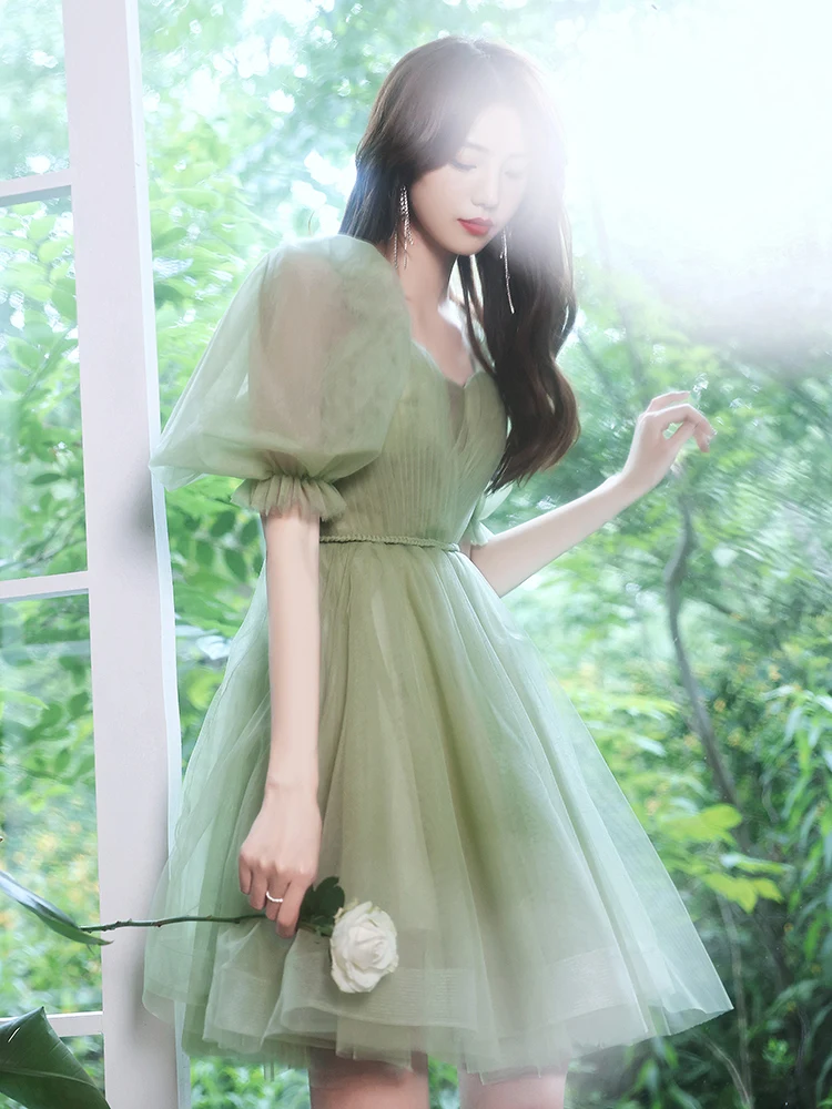 Green short sweat puff sleeve lady girl women princess bridesmaid banquet party ball prom dress gown