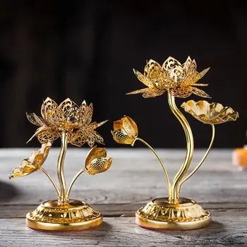 

Gold Votive Candle Holder Decoration High-footed Lotus Candlestick Alloy Lotus Butter Lamp Holder for Buddha Candlestick Lamp